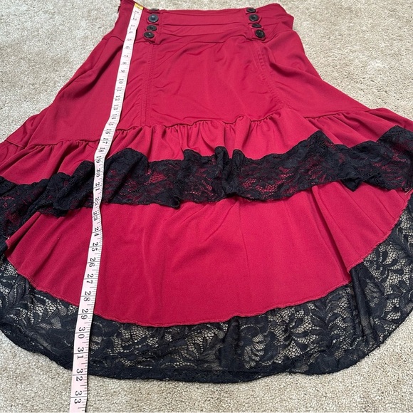 Whimsigoth Asymmetric Hem Red Black Lace Button Witchy Vamp  Midi Skirt XL - Picture 3 of 6